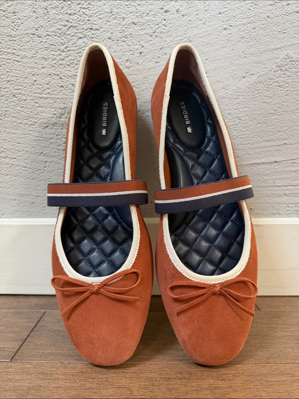 NWOT Birdies Rust Suede Mary Jane Ballet Flats with Navy Quilted Insole